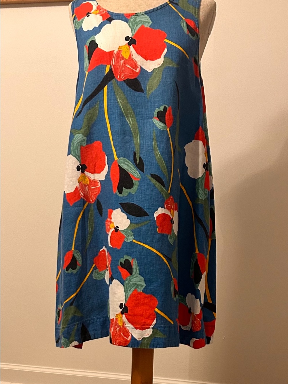 Sleeveless Blue Floral 100 % Linen Dress